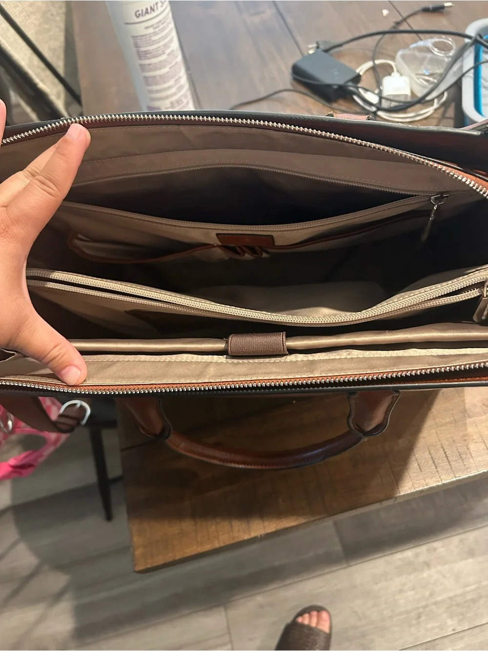 Cream and Brown Leather Briefcase Tote